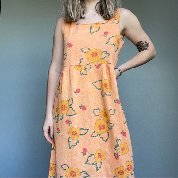 Vintage 90s Styleworks Novelty Fruit Peach Summer Maxi Tank Cotton Dress Sz L - Picture 3 of 14